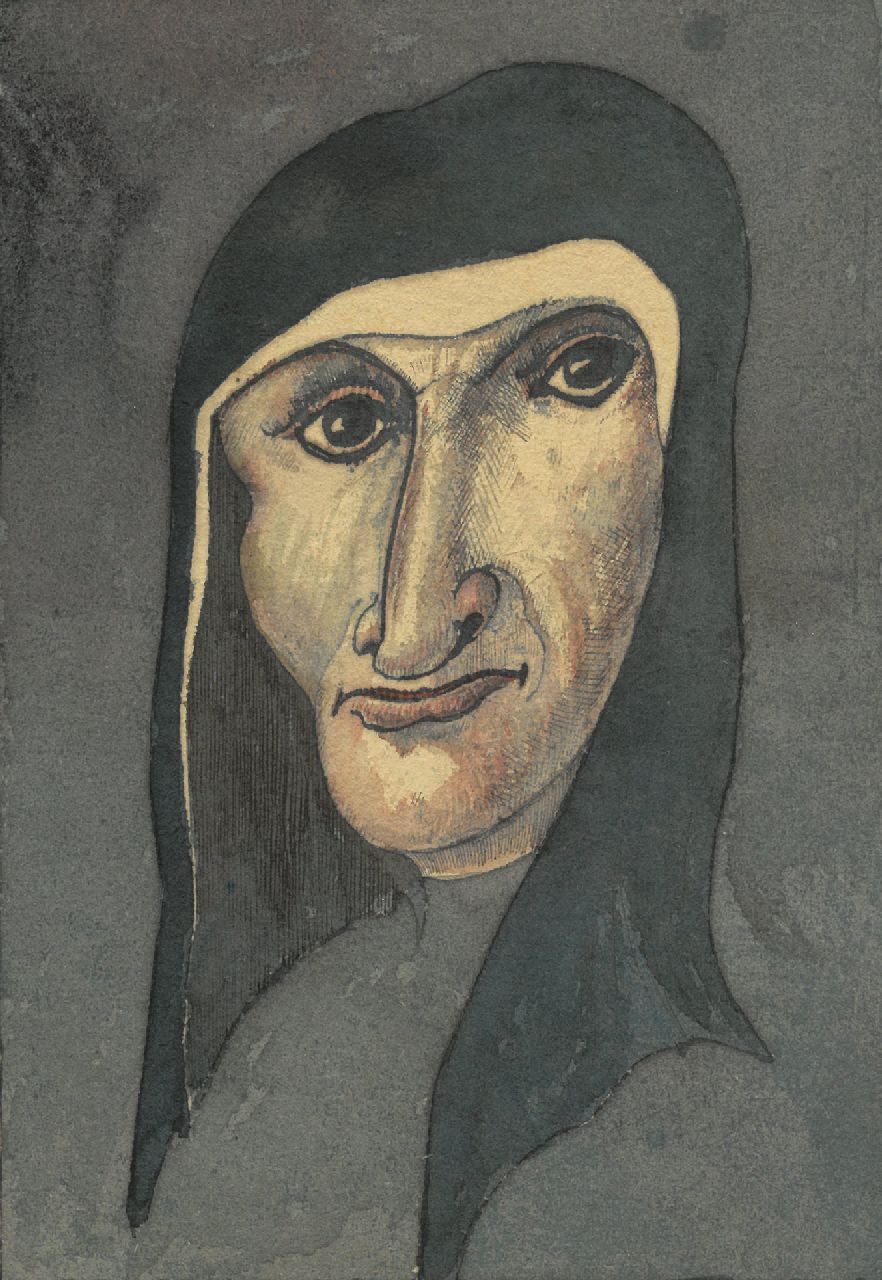 Schnell G. van | Gabriel van Schnell | Aquarelle und Zeichnungen zum Verkauf angeboten | Bildnis einer Dame mit Kopftuch, Tinte und Aquarell auf Papier 17,0 x 11,5 cm, ohne Rahmen