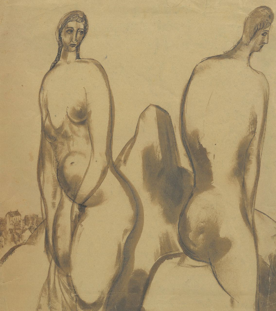 Schnell G. van | Gabriel van Schnell | Aquarelle und Zeichnungen zum Verkauf angeboten | Studie von zwei nackten Frauen, Getuschte Tinte und Aquarell auf Papier 28,6 x 27,7 cm, Unterzeichnet l.u. und datiert 1935, ohne Rahmen