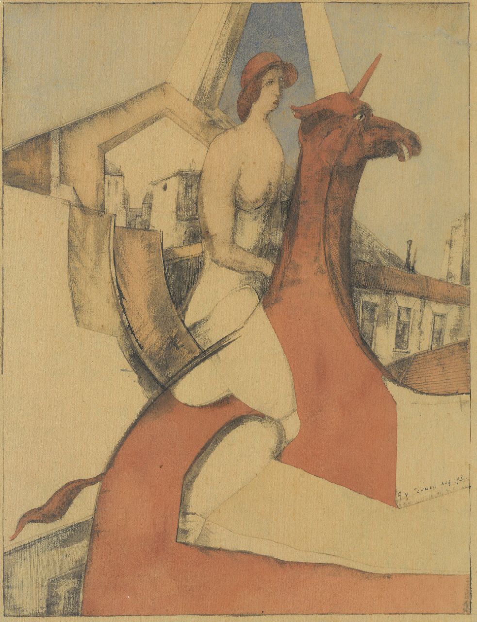 Schnell G. van | Gabriel van Schnell |  zum Verkauf angeboten | Studie eines weiblichen Aktes auf einem Einhorn, pencil and watercolour on paper on board 34,7 x 26,7 cm, Unterzeichnet r.u. und Aug. 1931, ohne Rahmen