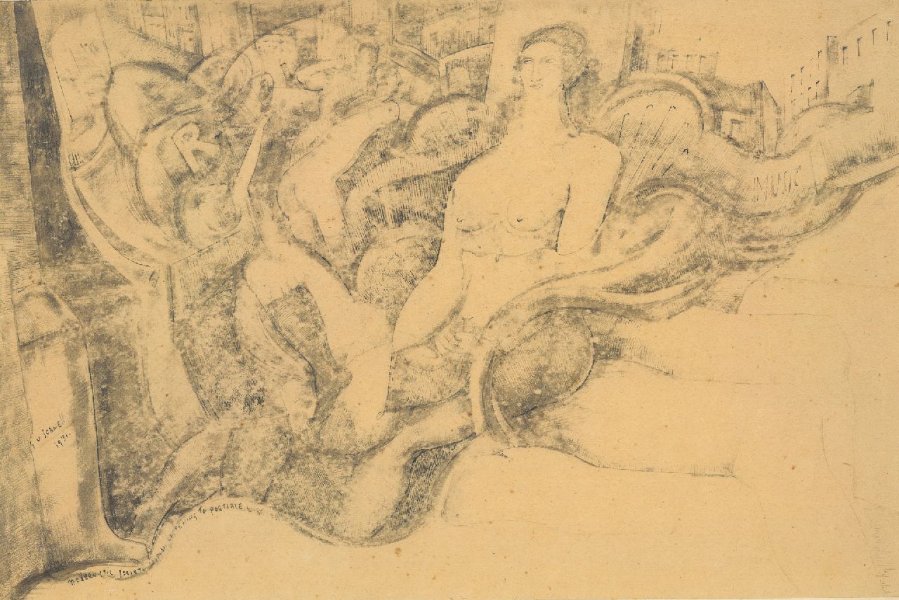 Schnell G. van | Gabriel van Schnell | Aquarelle und Zeichnungen zum Verkauf angeboten | 'Modernistic society woman listening to portable wireless', Bleistift und Tinte auf Papier 26,9 x 39,8 cm, Unterzeichnet l.u. und datiert 1931