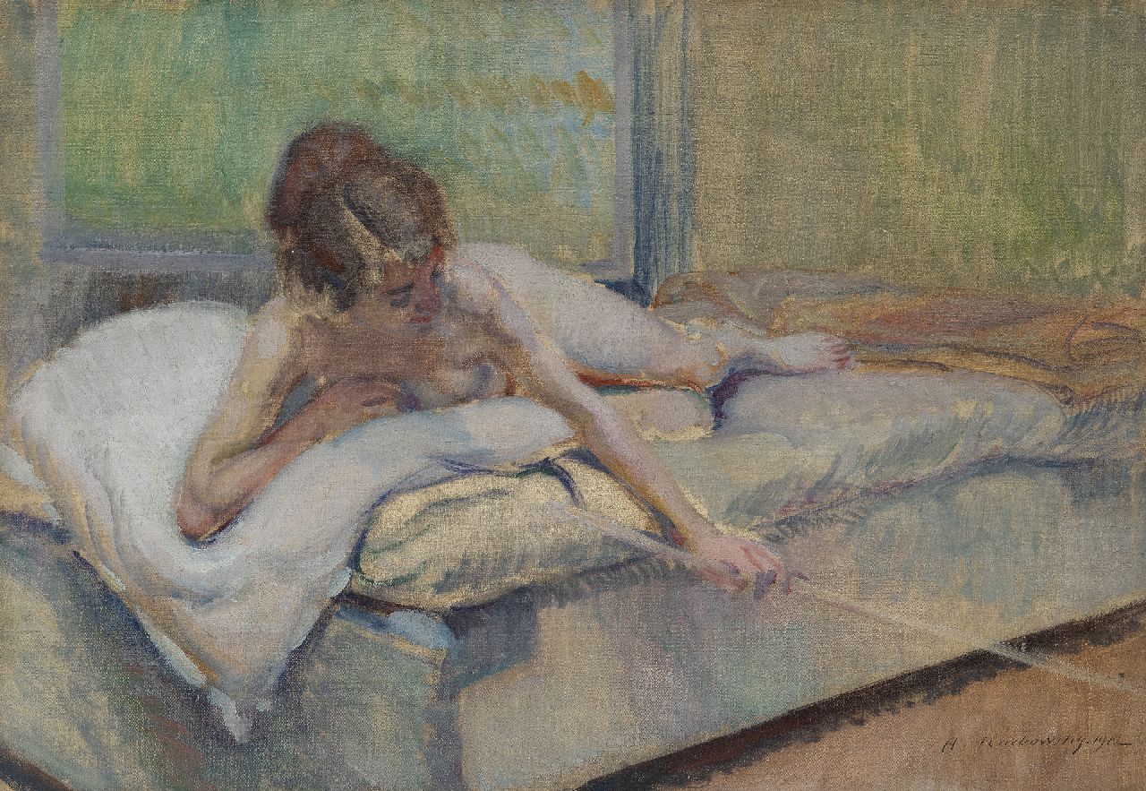 Adrien Karbowsky | Weiblicher Akt auf einem Bett, Öl auf Leinwand, 38,3 x 55,1 cm, Unterzeichnet u.r. und datiert 1912