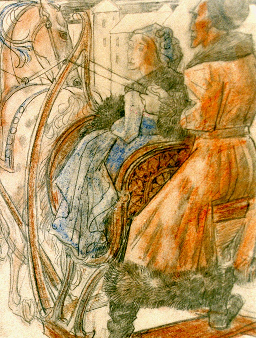 Konijnenburg W.A. van | Willem Adriaan van Konijnenburg, Horse-sledge, Gemischte Technik auf Papier 11,5 x 9,0 cm, signed with monogram l.c.