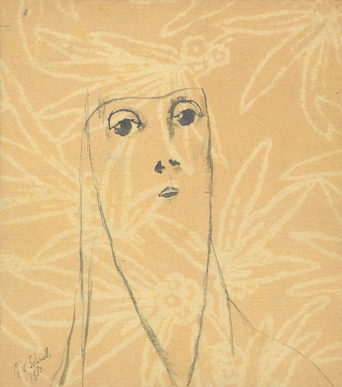Schnell G. van | Gabriel van Schnell | Aquarelle und Zeichnungen zum Verkauf angeboten | Gesicht mit Punkt nach unten, Aquarell auf Papier 17,3 x 15,5 cm, Unterzeichnet l.u. und gedateerd 1930, ohne Rahmen