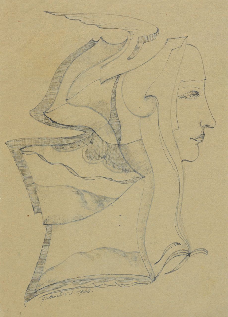 Schnell G. van | Gabriel van Schnell | Aquarelle und Zeichnungen zum Verkauf angeboten | Geflügelter Frauenkopf; rückseitig Blumen, Feder, Tinte und Aquarell auf Papier 18,5 x 13,0 cm, Unterzeichnet signiert Gabriel v S und datiert 1946, ohne Rahmen
