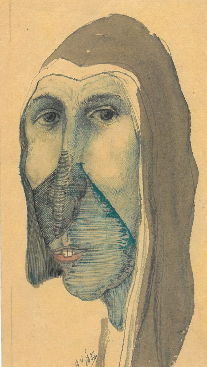 Schnell G. van | Gabriel van Schnell | Aquarelle und Zeichnungen zum Verkauf angeboten | Langhaarige Frau, Tinte, Feder und Aquarell auf Papier 15,9 x 9,0 cm, Unterzeichnet l.u. mit Initialen und datiert 1932, ohne Rahmen