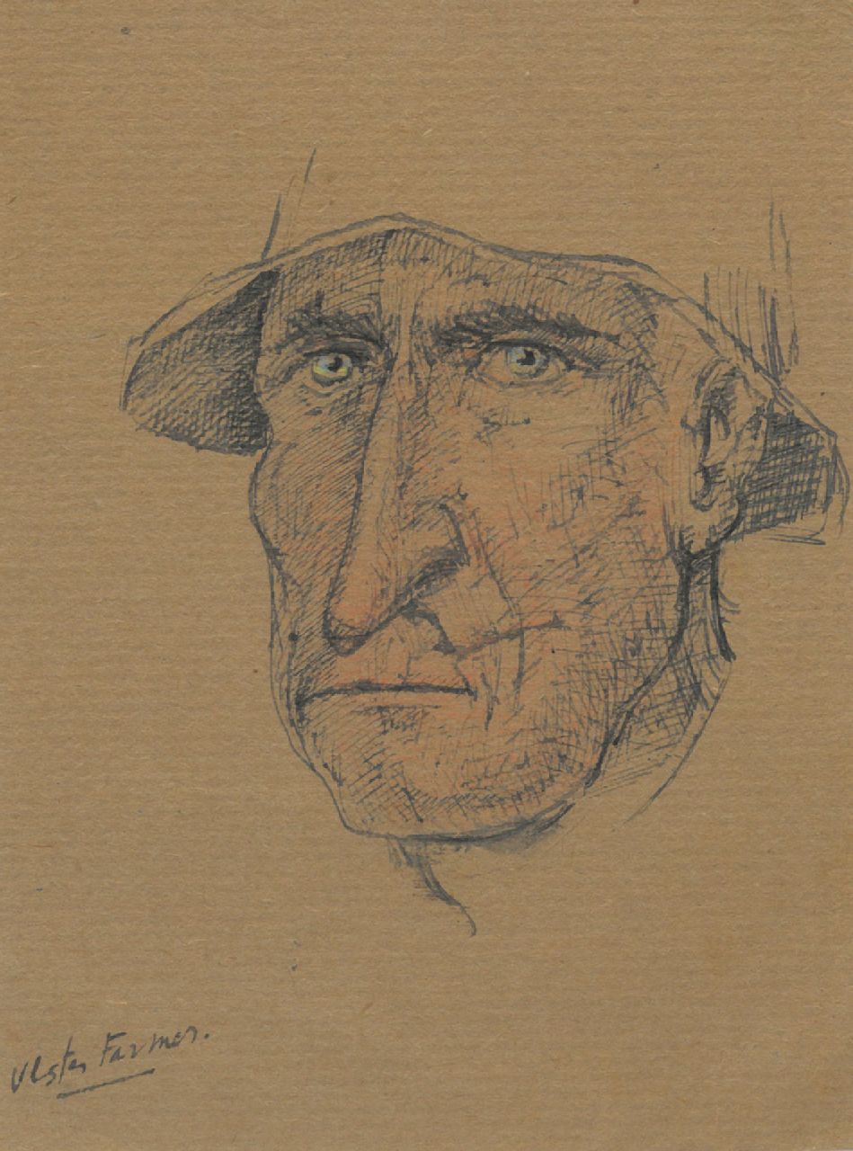 Schnell G. van | Gabriel van Schnell | Aquarelle und Zeichnungen zum Verkauf angeboten | Ulster Farmer, Farbbleistift auf Papier 13,4 x 10,2 cm, ohne Rahmen
