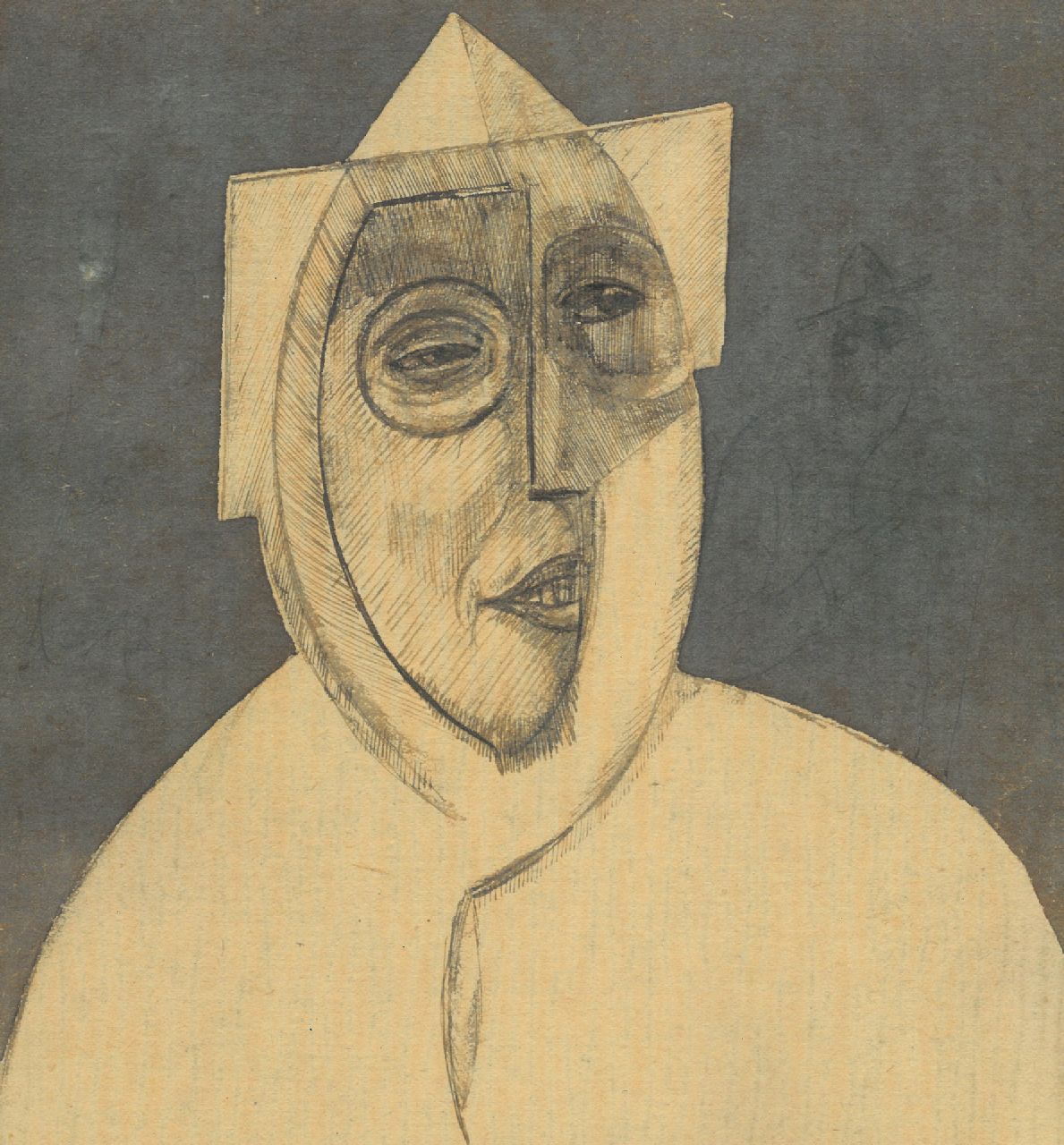 Schnell G. van | Gabriel van Schnell | Aquarelle und Zeichnungen zum Verkauf angeboten | Kubistisches Porträt eines Mannes mit Hut, Tinte und Aquarell auf Papier 19,3 x 17,6 cm, onhe Rahmen