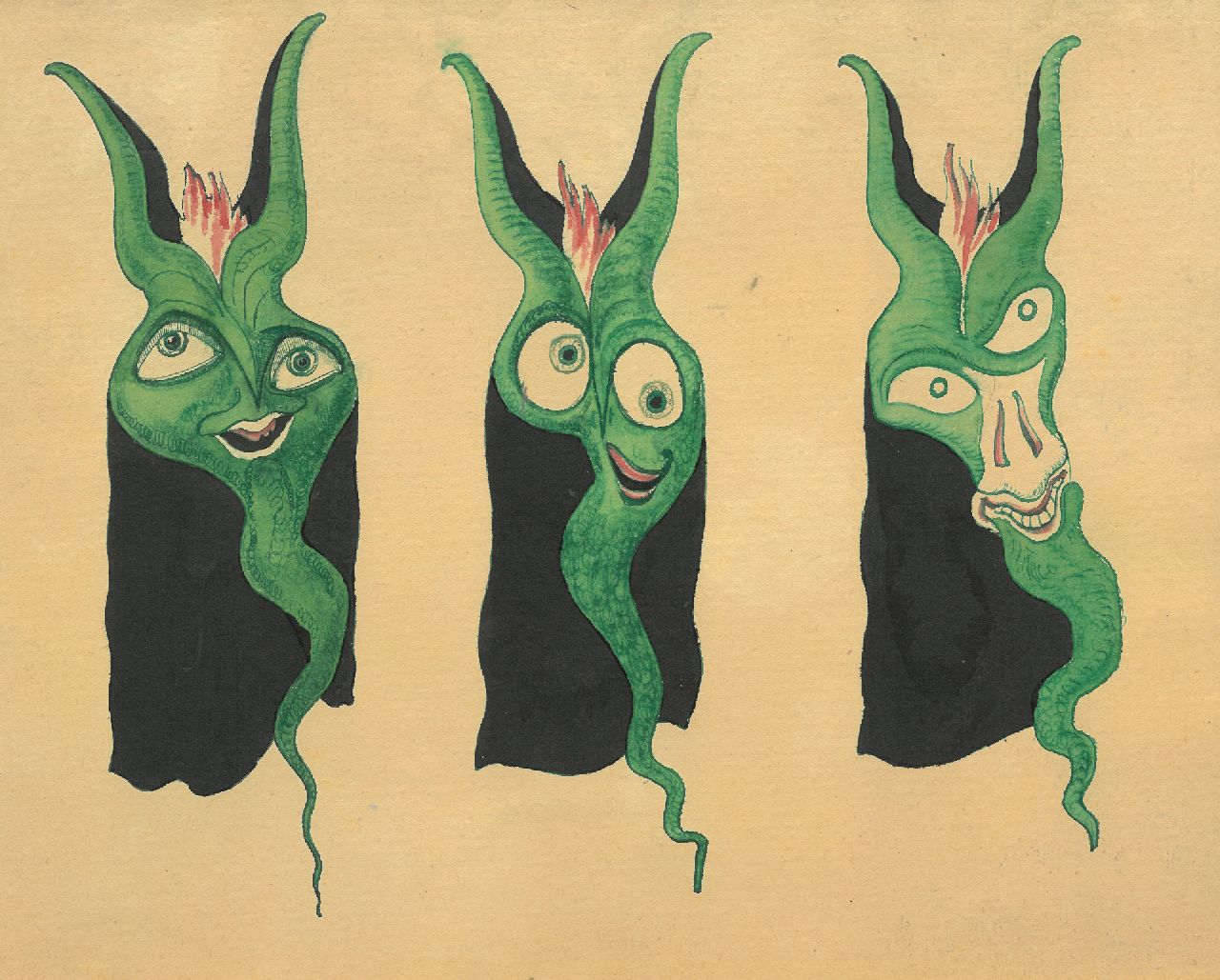 Schnell G. van | Gabriel van Schnell | Aquarelle und Zeichnungen zum Verkauf angeboten | Drei Fantasy-Grotesken I, Tinte und Aquarell auf Papier auf Holzfaser 24,6 x 30,3 cm, ohne Rahmen
