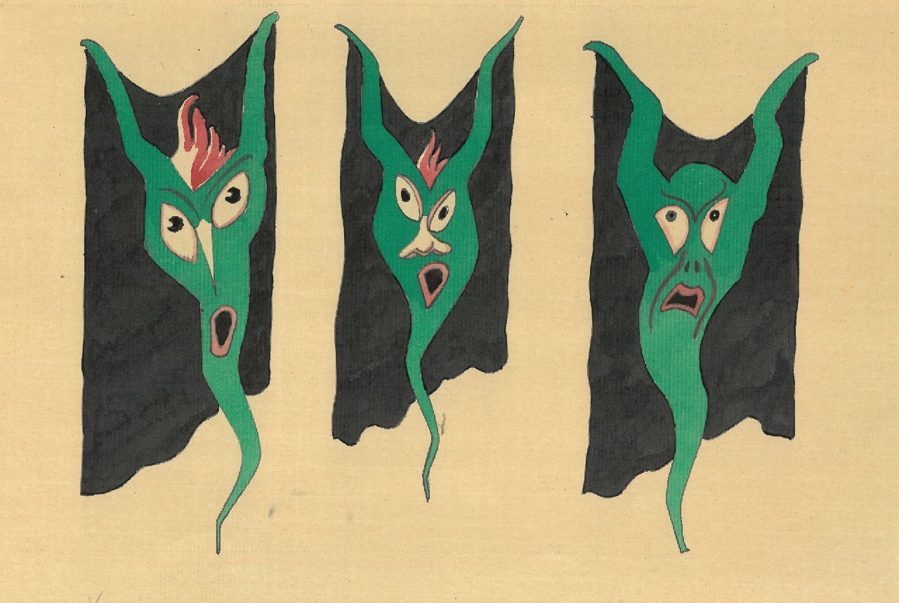 Schnell G. van | Gabriel van Schnell | Aquarelle und Zeichnungen zum Verkauf angeboten | Drie Fantasy-Grotesken II, Tinte und Aquarell auf Papier 20,5 x 29,6 cm, ohne Rahmen