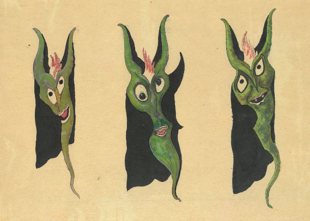 Schnell G. van | Gabriel van Schnell | Aquarelle und Zeichnungen zum Verkauf angeboten | Drei Fantasy-Grotesken III, Tinte und Aquarell auf Papier 21,9 x 30,7 cm, ohne Rahmen