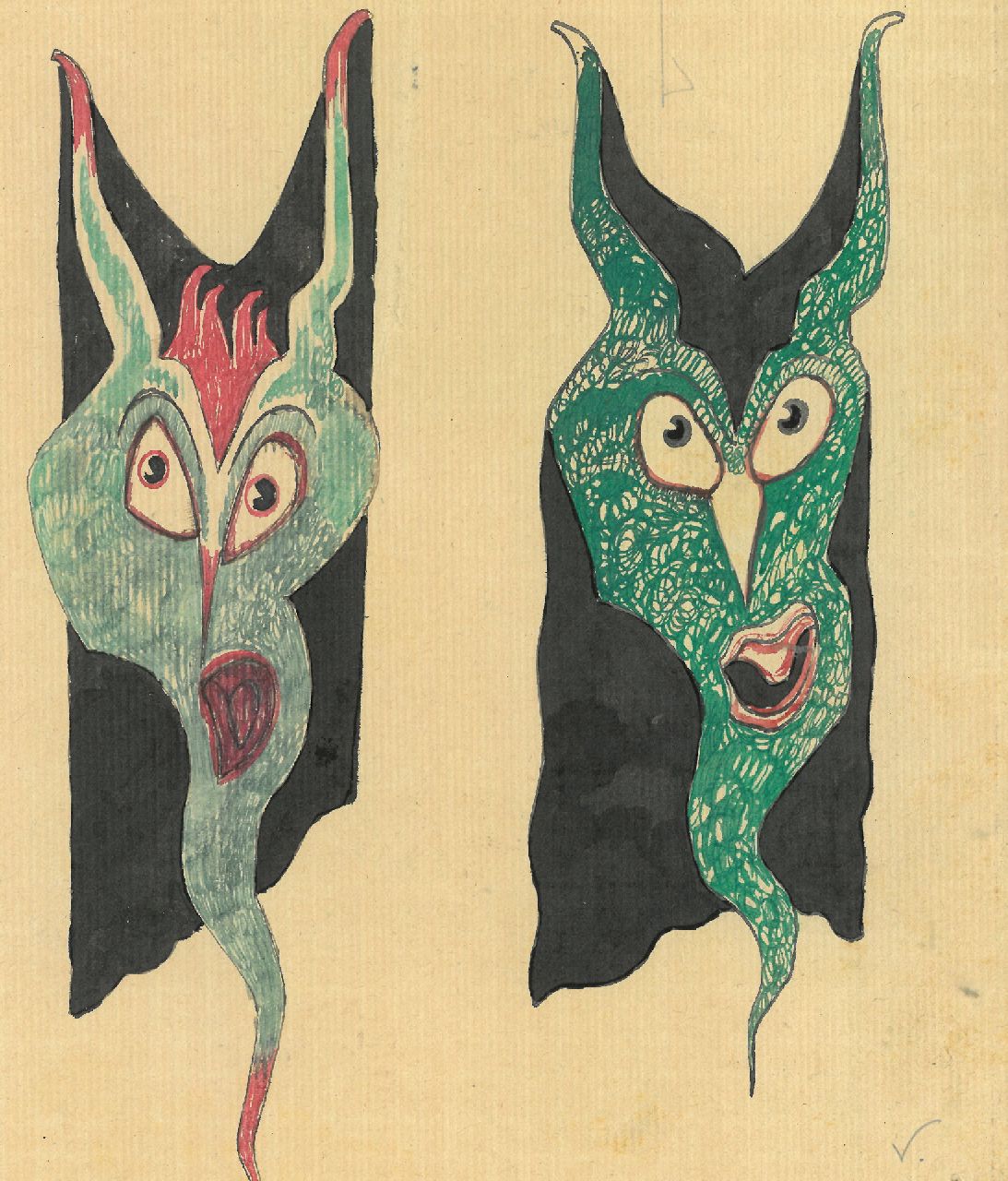 Schnell G. van | Gabriel van Schnell | Aquarelle und Zeichnungen zum Verkauf angeboten | Zwei Fantasy-Grotesken II, Tinte und Aquarell auf Papier 20,1 x 16,8 cm, ohne Rahmen