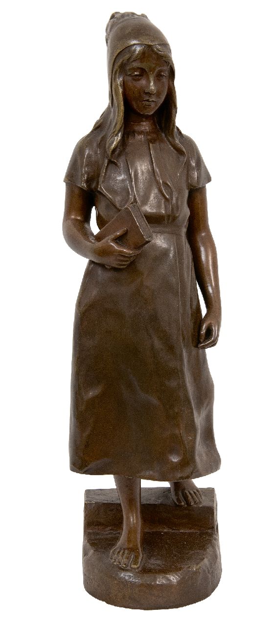 Jespers E.  | Emile Jespers | Skulpturen und Objekte zum Verkauf angeboten | Mädchen mit ihrer Bibel, Bronze 41,0 x 11,0 cm, Unterzeichnet auf der Basis