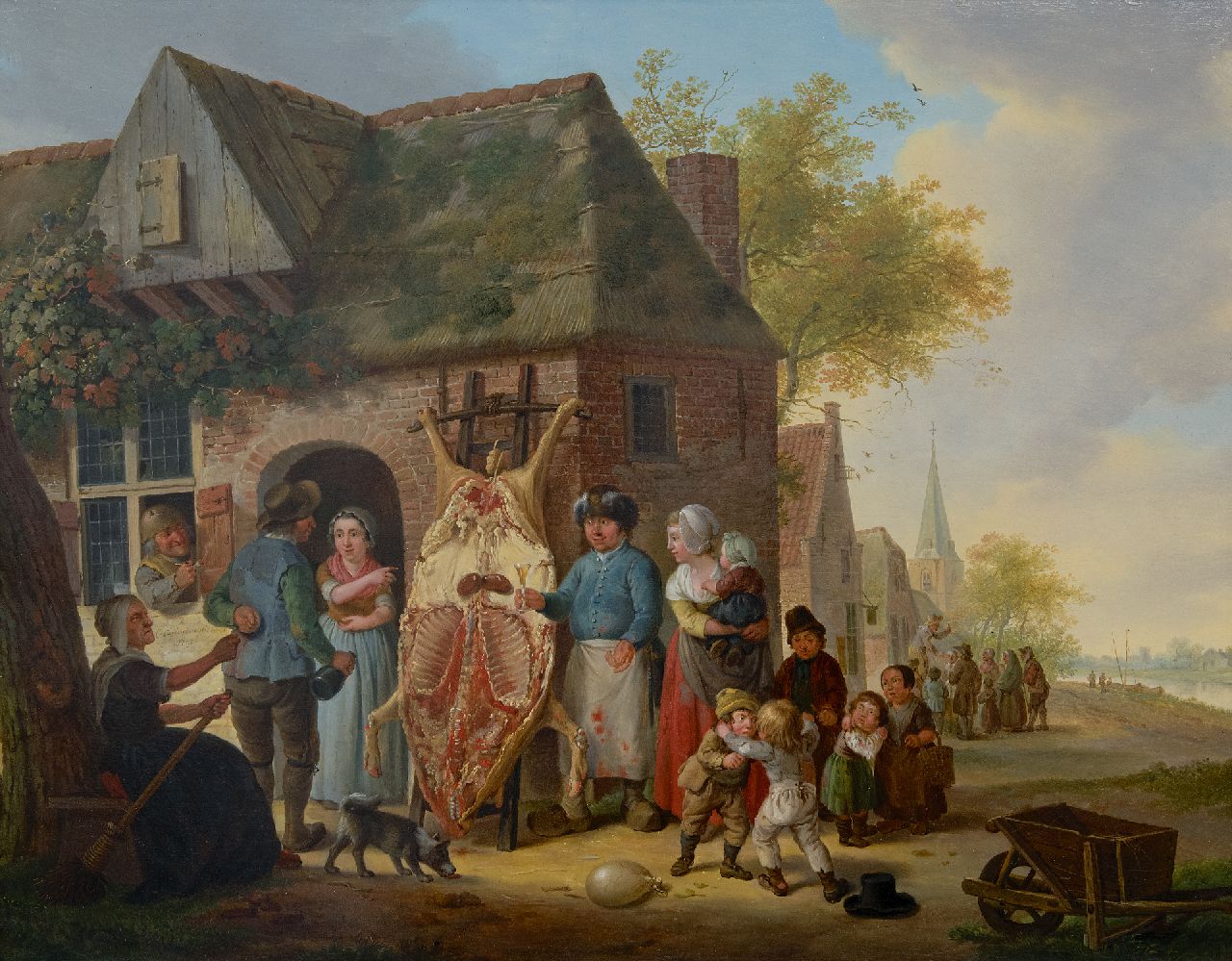 Cuylenburgh (II) C. van | Cornelis van Cuylenburgh (II) | Gemälde zum Verkauf angeboten | Dorfszene, nach dem Schlachten des Schweins, Öl auf Holz 49,7 x 64,0 cm, Unterzeichnet m.l. und datiert 1797