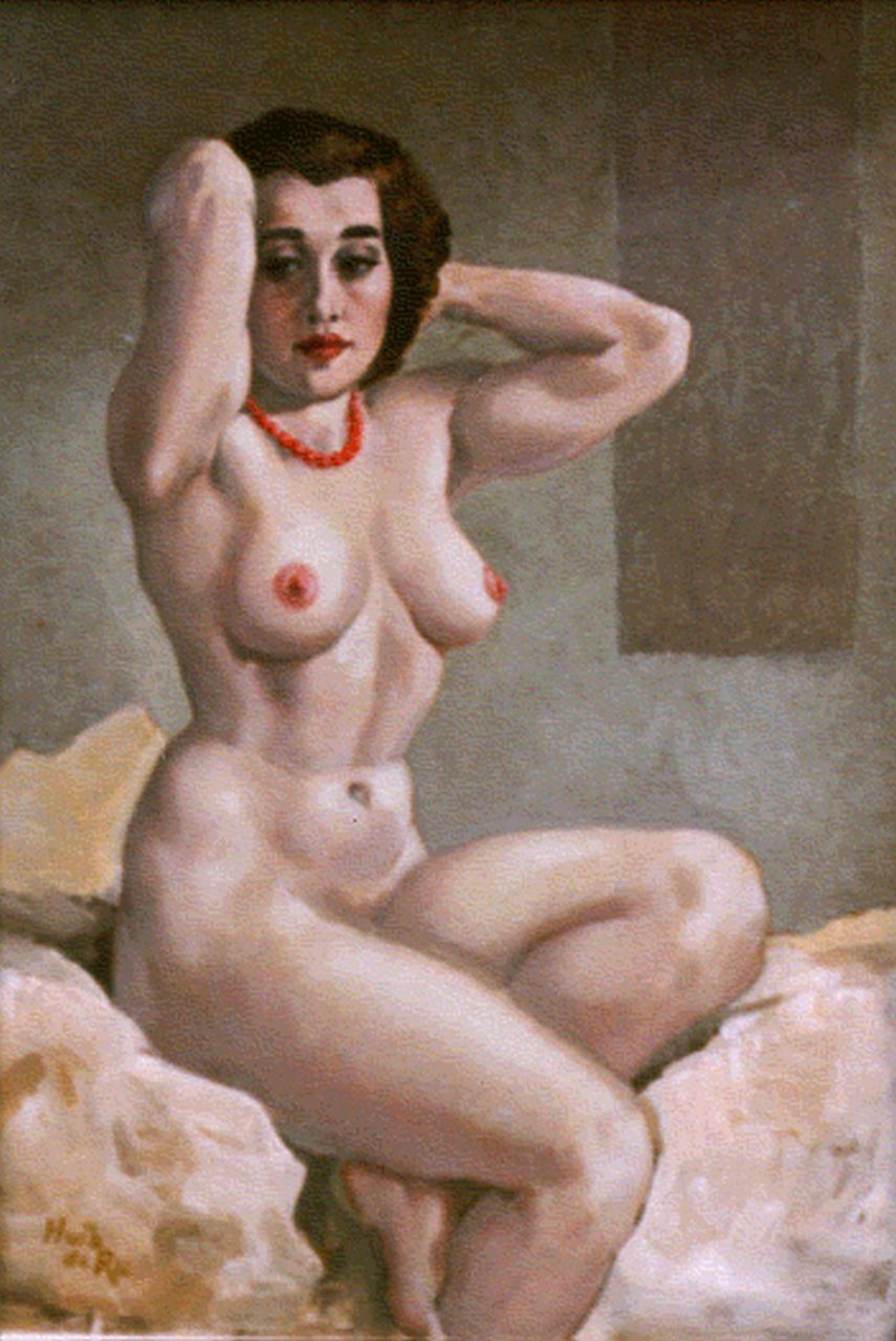 Ru H.B.W. de | Huibert Bernardus Wilhelmus 'Huib' de Ru, A seated nude, Öl auf Holz 40,0 x 28,2 cm, signed l.l.