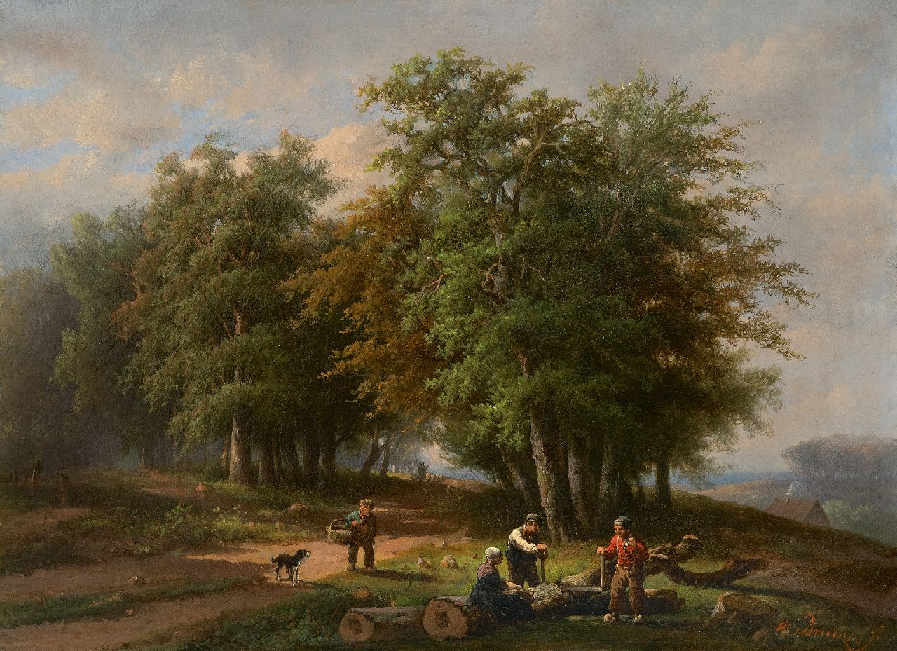 Bruïne A.H. de | Adrianus Hendrikus de Bruïne | Gemälde zum Verkauf angeboten | Holzfäller und andere Figuren auf einem Waldweg, Öl auf Leinwand 35,8 x 47,9 cm, Unterzeichnet u.r. und ohne Rahmen