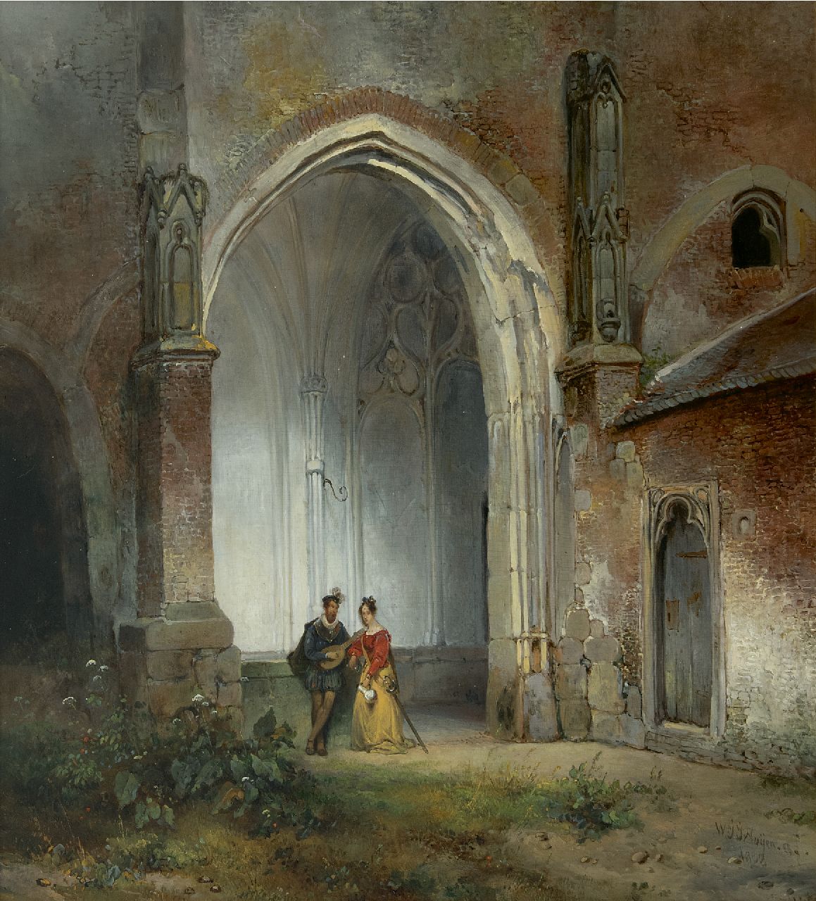 Nuijen W.J.J.  | Wijnandus Johannes Josephus 'Wijnand' Nuijen | Gemälde zum Verkauf angeboten | Ein Mann und eine Frau im Kreuzgang der Dom Kathedrale in Utrecht, Öl auf Holz 49,0 x 44,8 cm, Unterzeichnet u.r. und datiert 1832