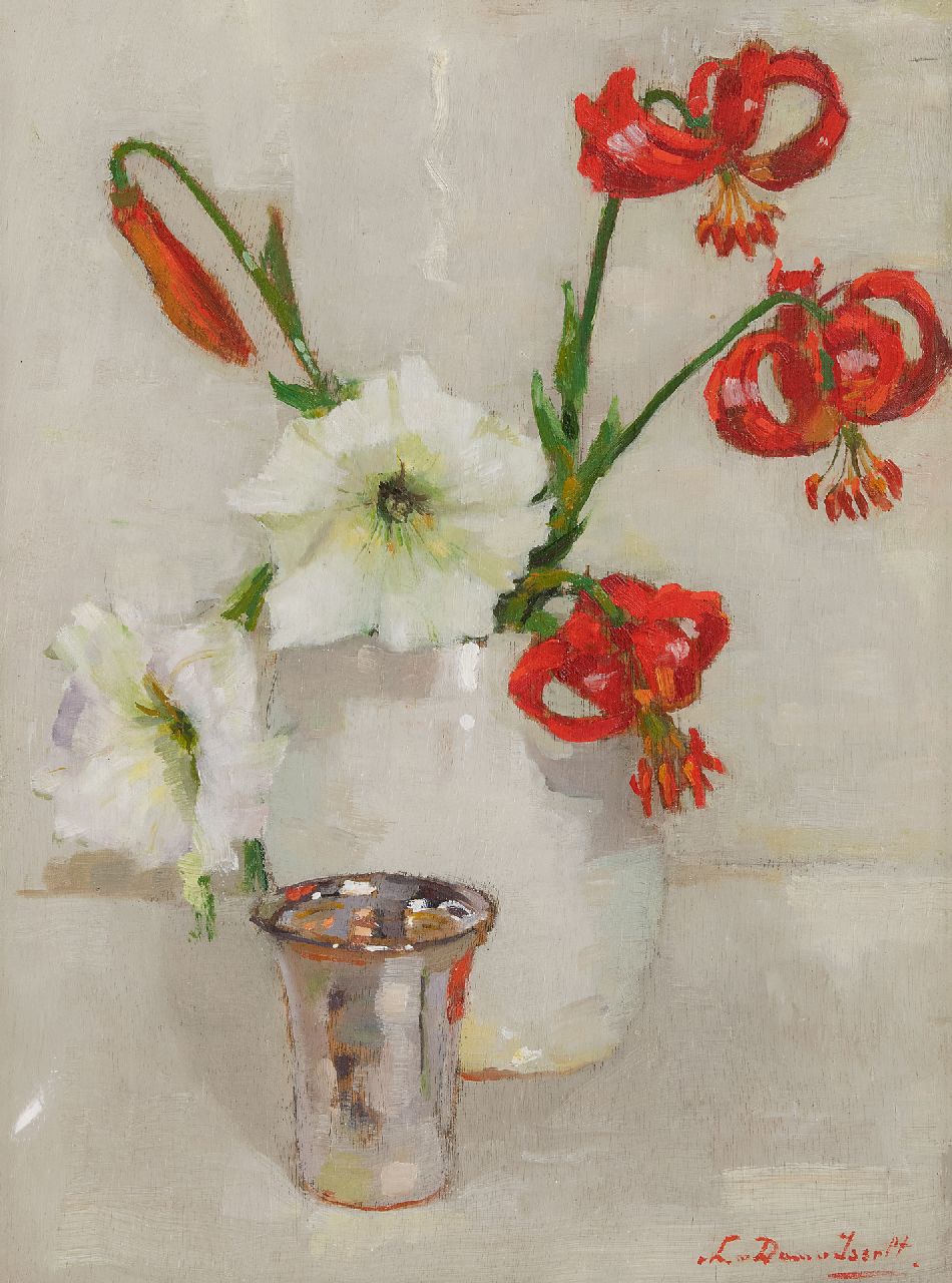Dam van Isselt L. van | Lucie van Dam van Isselt, Rote Lilien, Öl auf Holz 40,2 x 30,1 cm, Unterzeichnet u.r. und zu datieren um 1930