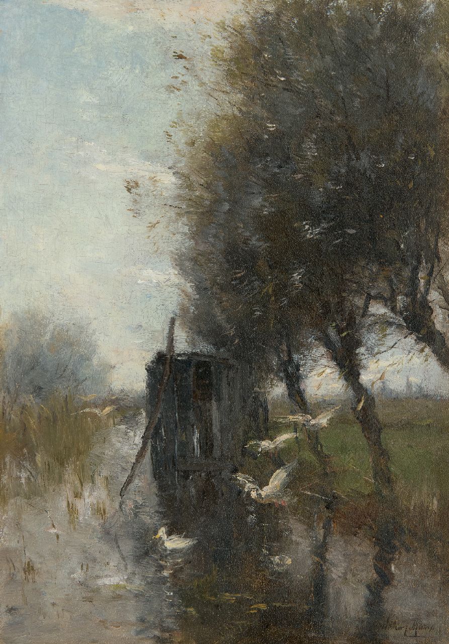 Maris W.  | Willem Maris | Gemälde zum Verkauf angeboten | Enten lassen sich auf einem Polderkanal nieder, Öl auf Holz 36,6 x 25,7 cm, Unterzeichnet u.r.