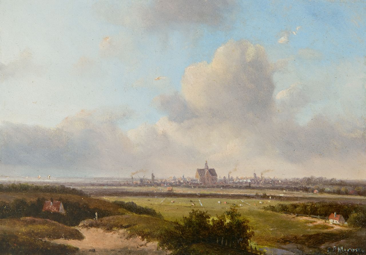 Everardus Mirani | Panorama Landschaft mit Haarlem und dem Haarlemmermeer in der Ferne, Öl auf Holz, 13,0 x 18,0 cm, Unterzeichnet u.r.