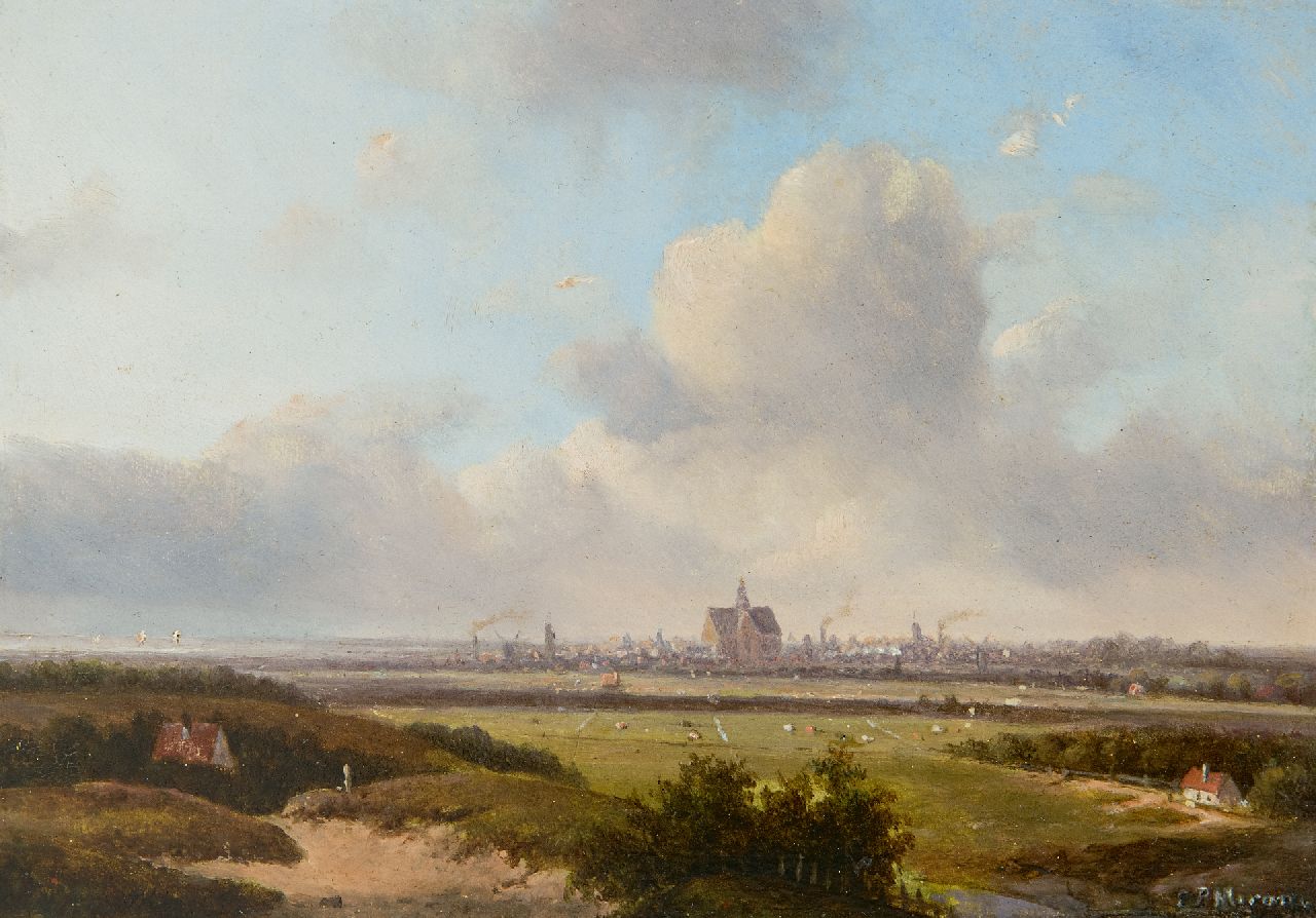 Mirani E.B.G.P.  | 'Everardus' Benedictus Gregorius Pagano Mirani | Gemälde zum Verkauf angeboten | Panorama Landschaft mit Haarlem und dem Haarlemmermeer in der Ferne, Öl auf Holz 13,0 x 18,0 cm, Unterzeichnet u.r.