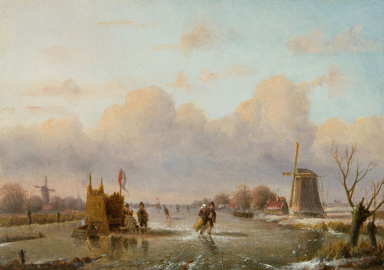 Everardus Mirani | Winterlandschaft mit einem 'koek-en-zopie', Öl auf Holz, 12,9 x 18,1 cm, Unterzeichnet u.l. (Rest von)