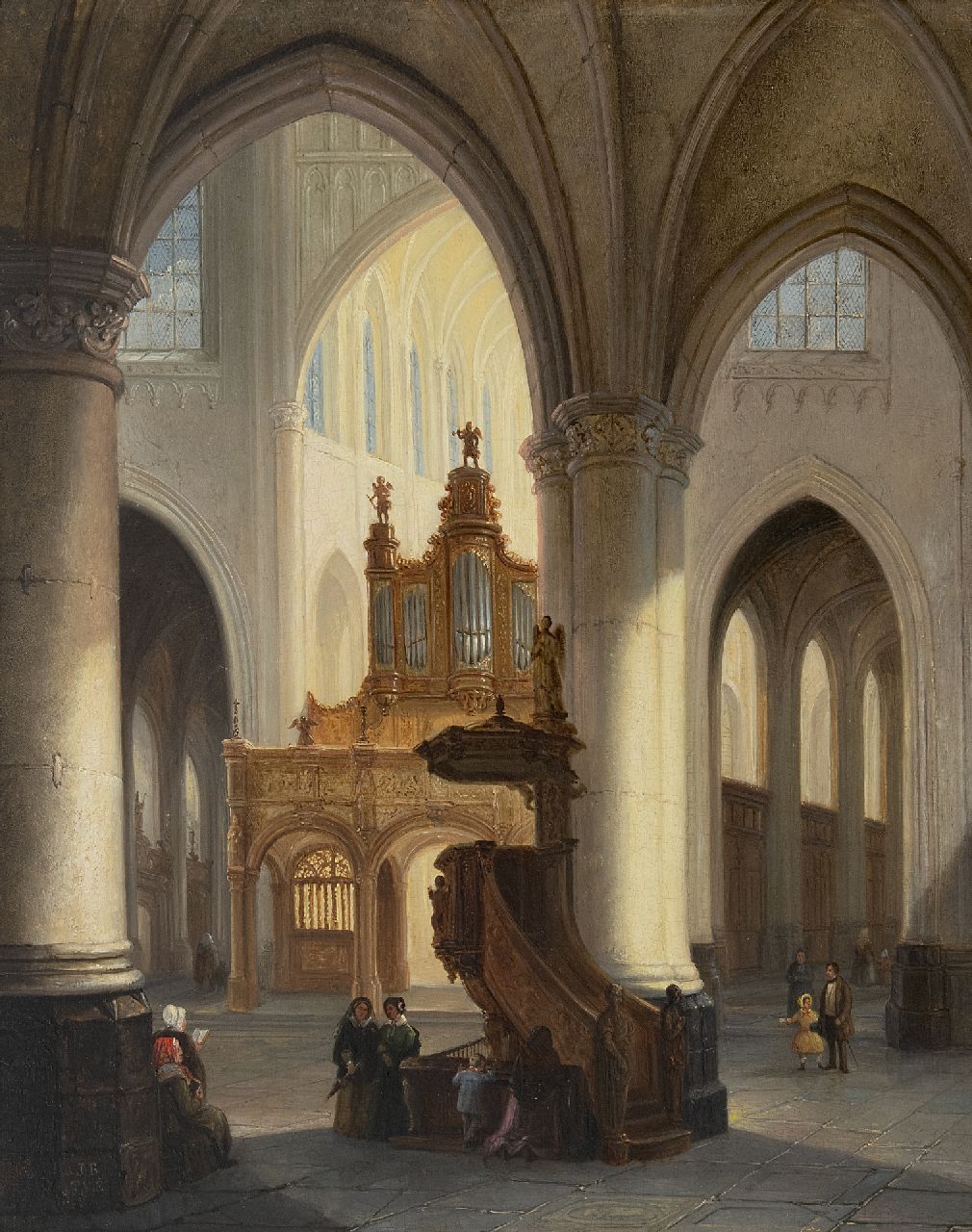 Tetar van Elven J.B.  | Jan 'Johannes' Baptist Tetar van Elven, Kircheninterieur mit Figuren, Öl auf Holz 36,8 x 29,7 cm, Unterzeichnet u.l. mit Initialen und rückseitig vollständig
