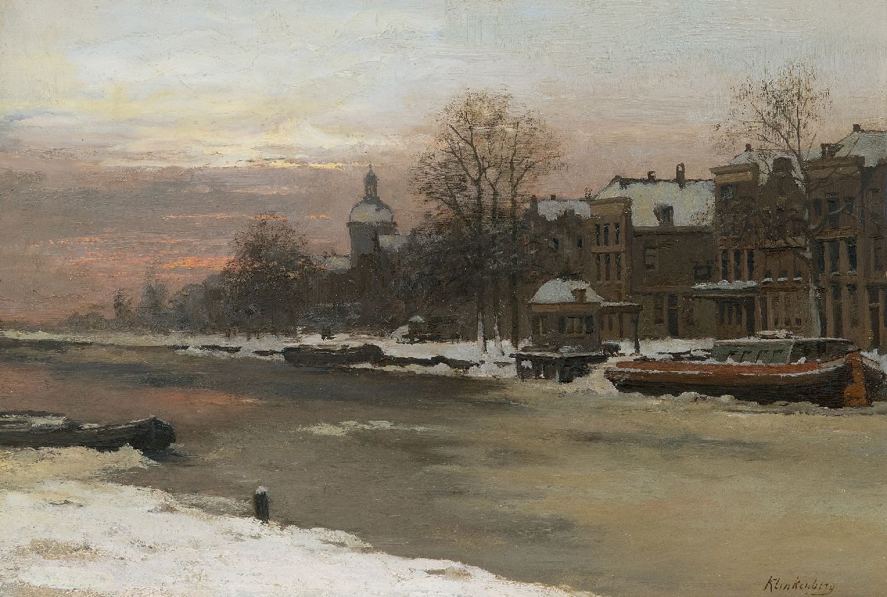 Klinkenberg J.C.K.  | Johannes Christiaan Karel Klinkenberg |  zum Verkauf angeboten | Holländischer Kanal im Winter, oil on glass 30,3 x 45,2 cm, Unterzeichnet u.r.