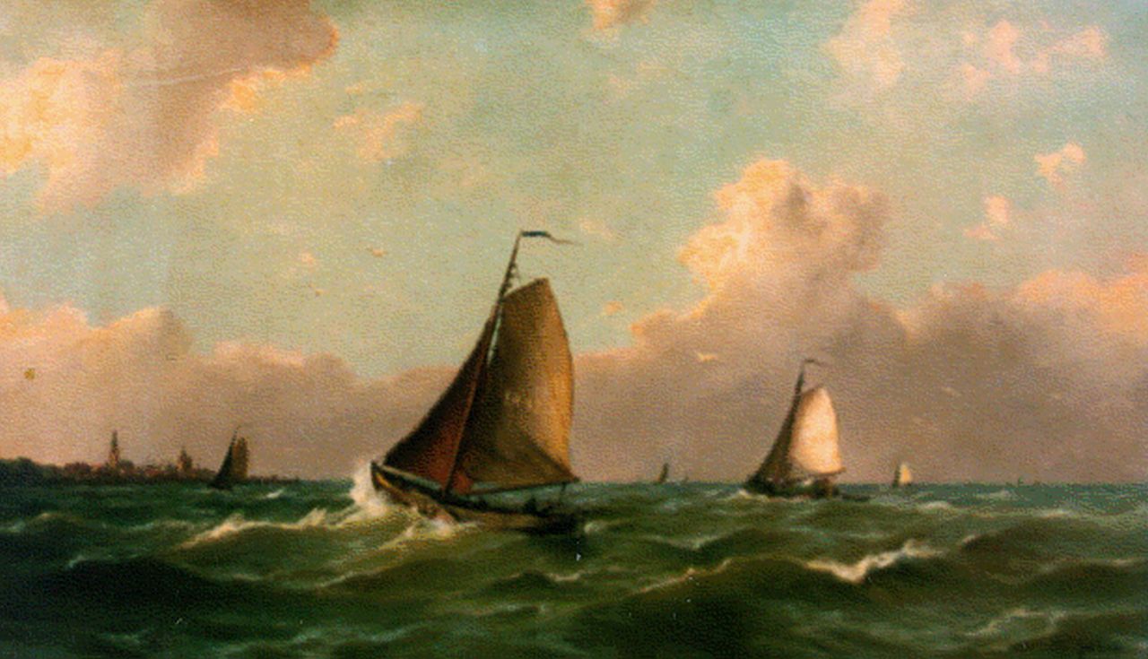 Linde J. van der | Jan van der Linde, Shipping on choppy waters, Enkhuizen in the distance, Öl auf Leinwand 60,2 x 100,0 cm, signed l.r.