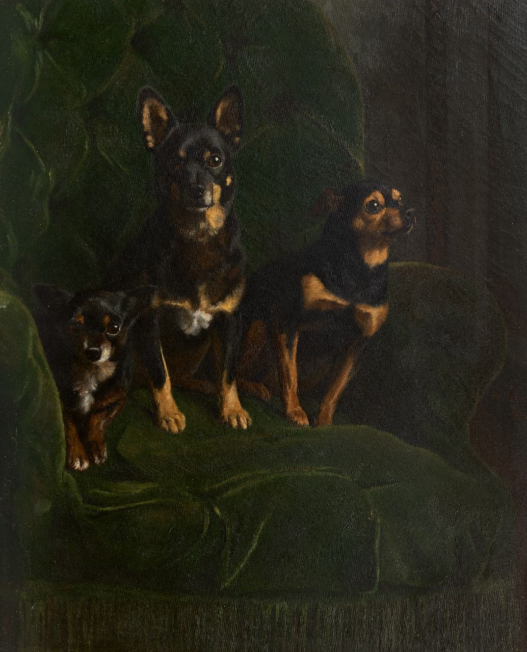 August Le Gras | Drei Zwergpinscher auf einem grüne Stuhl, Öl auf Leinwand, 81,2 x 65,5 cm, Unterzeichnet M.r. und datiert 1888