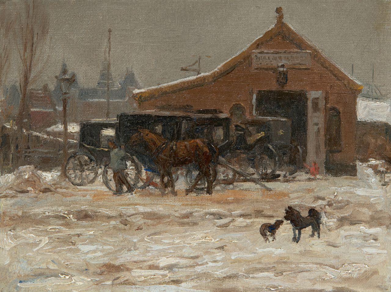 Bobeldijk F.  | Felicien Bobeldijk | Gemälde zum Verkauf angeboten | Pferdekutschen beim Depot, Öl auf Leinwand 18,2 x 24,2 cm