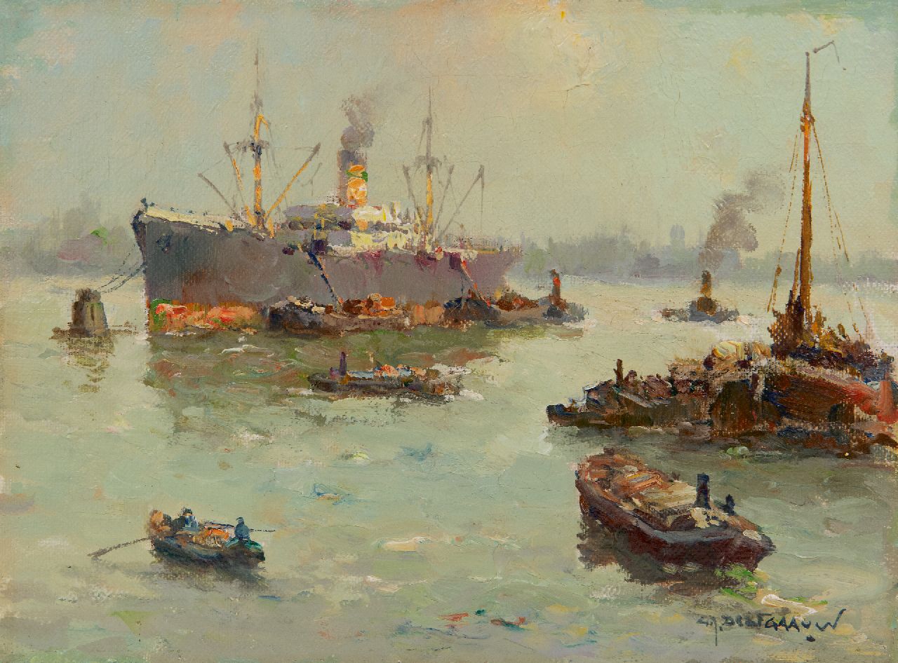 Delfgaauw G.J.  | Gerardus Johannes 'Gerard' Delfgaauw, Schiffsverkehr bei Rotterdam, Öl auf Leinwand 18,8 x 24,7 cm, Unterzeichnet u.r.