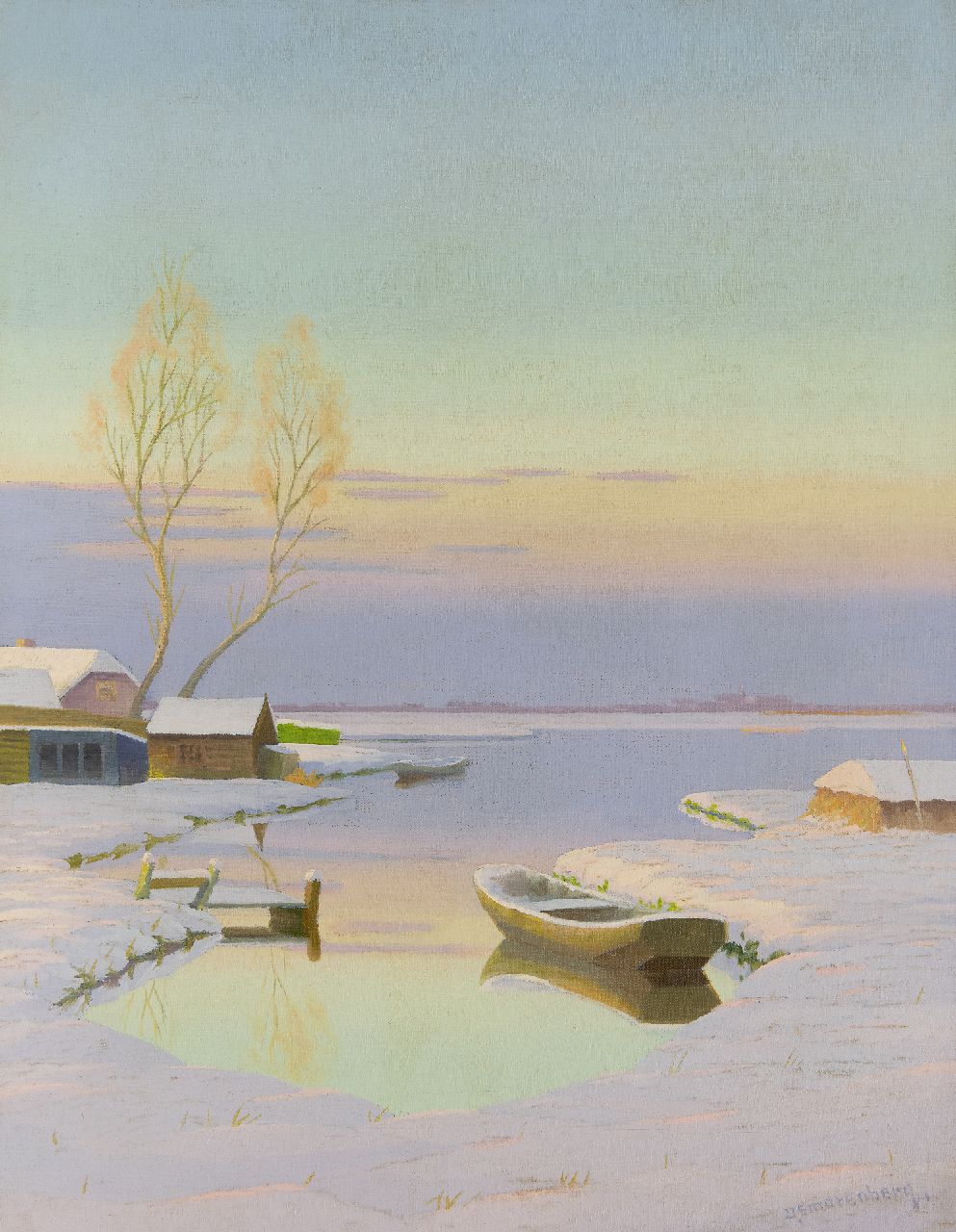 Smorenberg D.  | Dirk Smorenberg, Die Loosdrechtse Plassen im Winter bei Abendlicht, Öl auf Leinwand 53,3 x 41,5 cm, Unterzeichnet u.r.