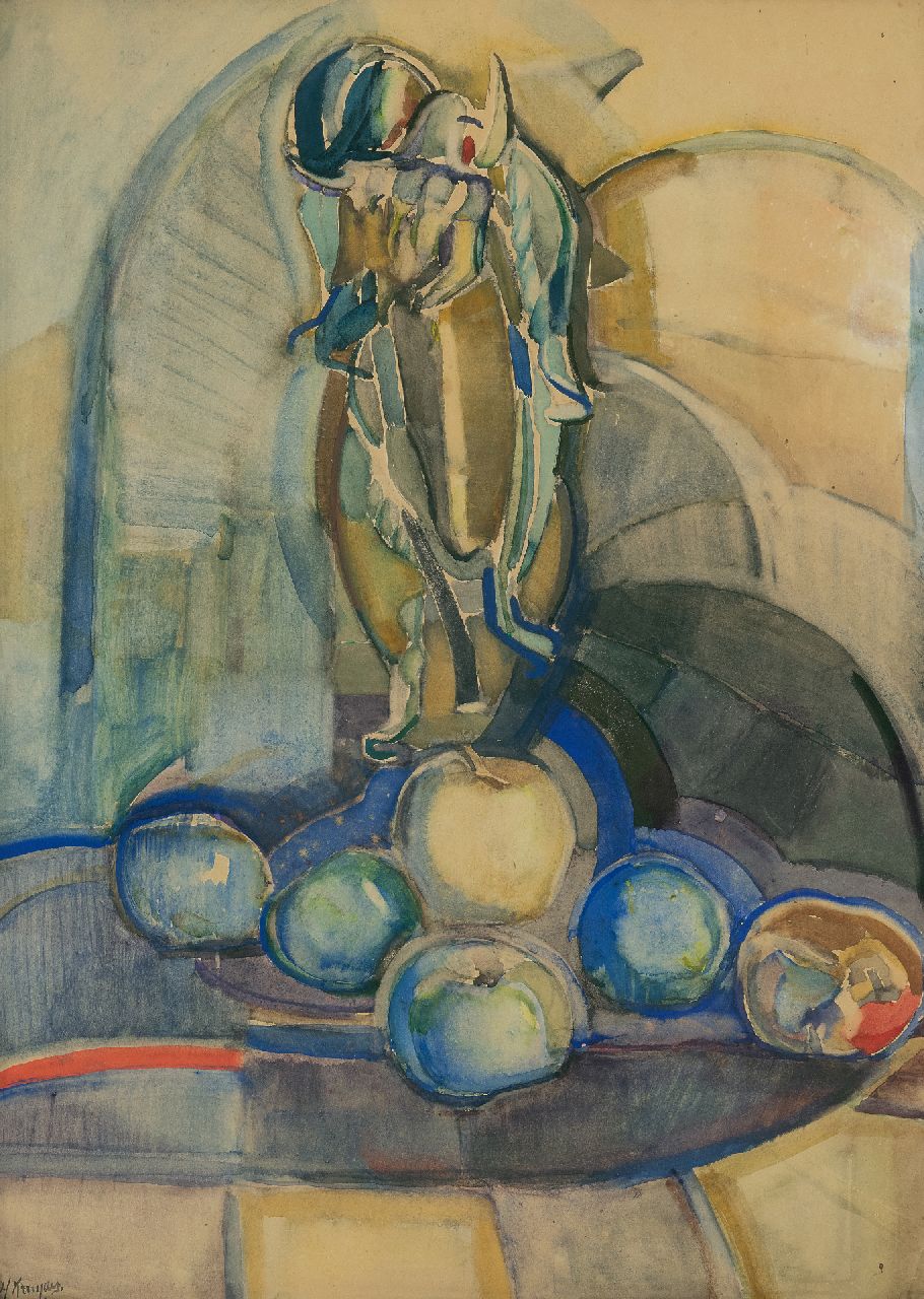 Kruyder H.J.  | 'Herman' Justus Kruyder | Aquarelle und Zeichnungen zum Verkauf angeboten | Stillleben mit Äpfeln, Aquarell auf Papier 62,0 x 43,0 cm, Unterzeichnet u.l. und zu datieren um 1916-1922