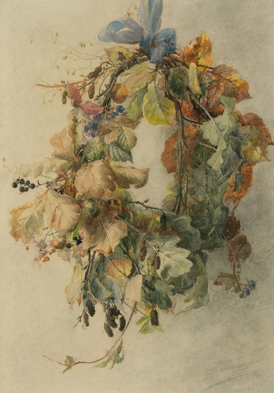 Sande Bakhuyzen G.J. van de | 'Gerardine' Jacoba van de Sande Bakhuyzen, Herbstkranz, Aquarell auf Papier 49,3 x 34,3 cm, Unterzeichnet u.r.