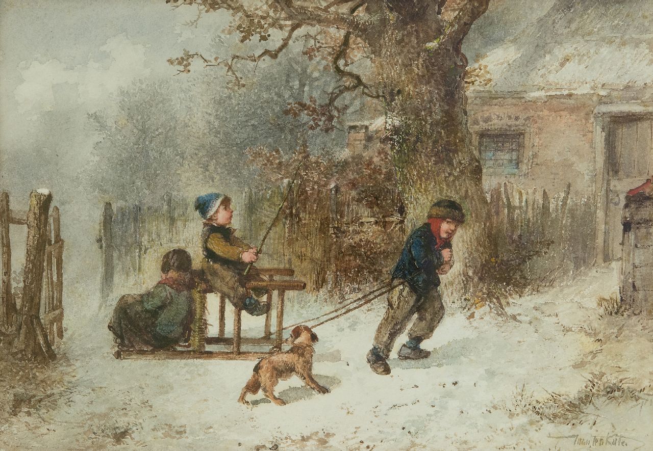 Kate J.M.H. ten | Johan 'Mari' Henri ten Kate, Pferd und Kutsche spielen im Schnee, Aquarell auf Papier 25,1 x 35,6 cm, Unterzeichnet u.r.