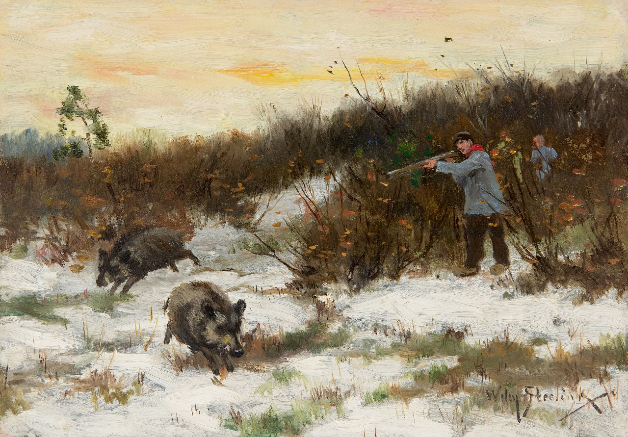 Steelink jr. W.  | Willem Steelink jr., Wildschweinjagd im Schnee, Öl auf Holz 19,8 x 28,0 cm, Unterzeichnet u.r.