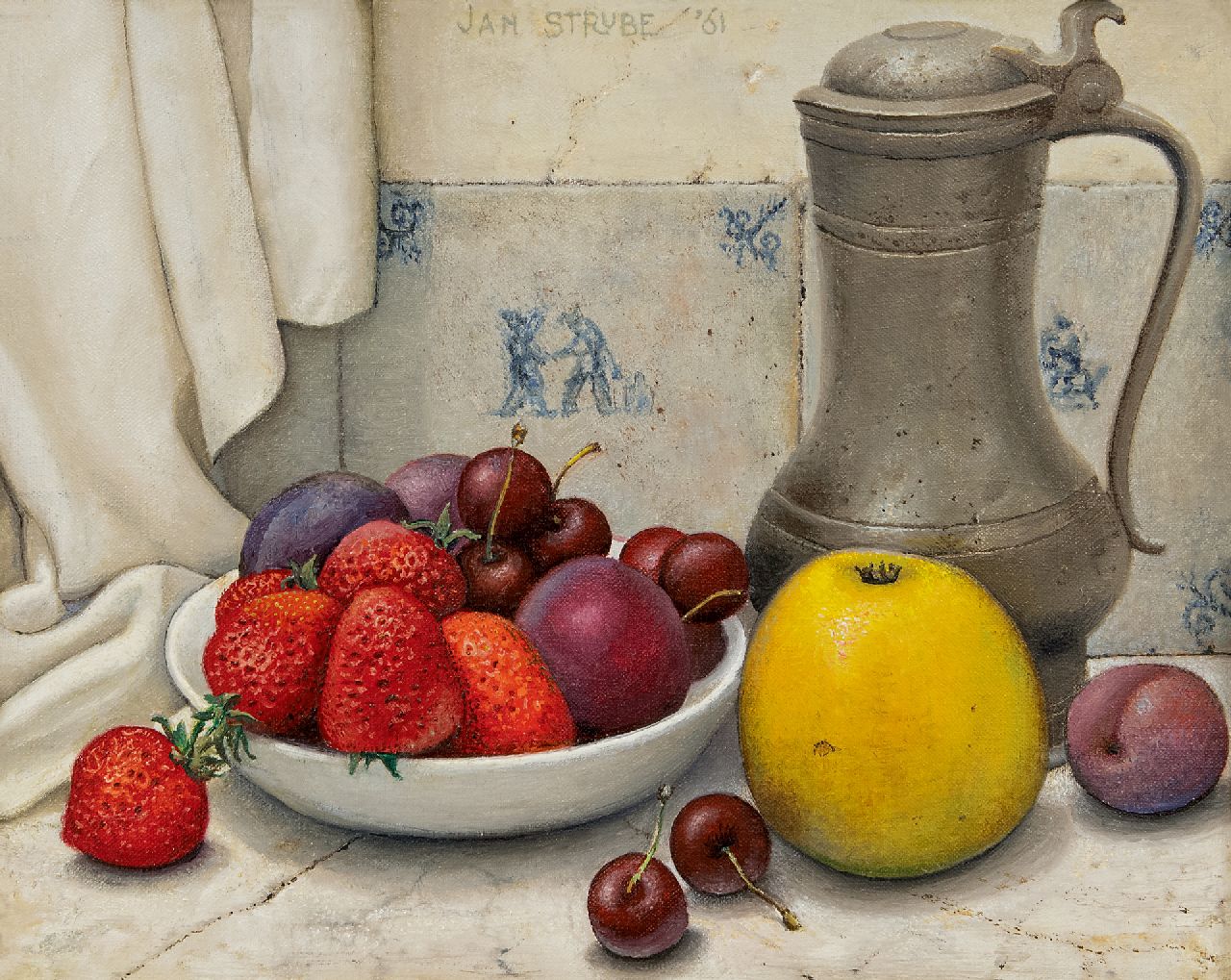 Strube J.H.  | Johan Hendrik 'Jan' Strube | Gemälde zum Verkauf angeboten | Stilleben mit Blechkrug und Obst, Öl auf Leinwand 24,2 x 30,4 cm, Unterzeichnet o.m. und datiert '61