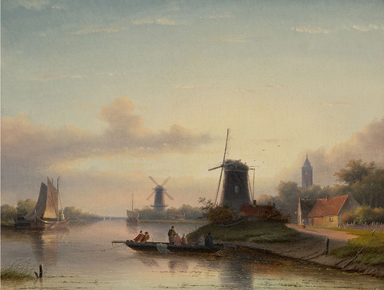 Spohler J.J.C.  | Jacob Jan Coenraad Spohler | Gemälde zum Verkauf angeboten | Flusslandschaft im Sommer mit Fähre, Öl auf Leinwand 43,8 x 58,0 cm, Unterzeichnet u.r. und datiert 1857
