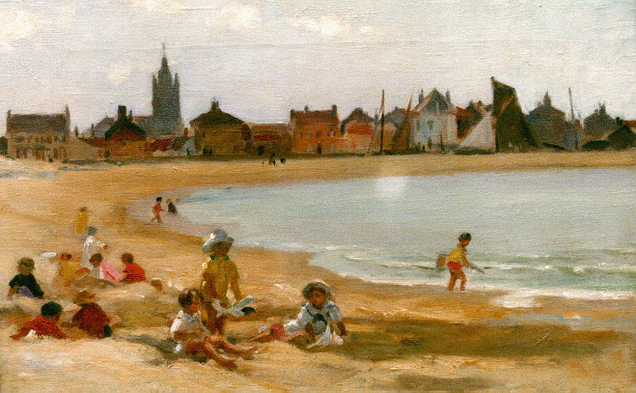 Dupuy P.M.  | Paul Michel Dupuy, Playing on the beach of Gravelines, Öl auf Leinwand 31,5 x 46,2 cm, signed l.l.