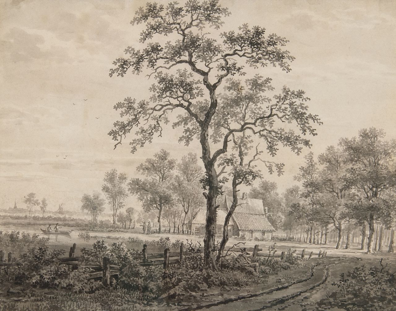 Gerrit Hendrik Göbell | Landschaft bei Rijssen, Feder, Pinsel und Tinte auf Papier, 22,1 x 27,8 cm, Unterzeichnet im Verso und datiert im Verso 1830