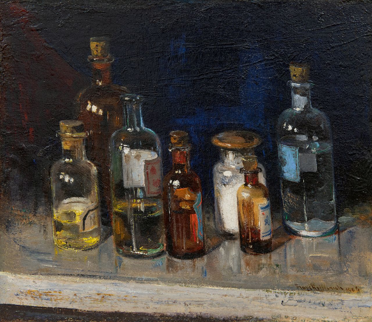Helfferich F.W.  | Franciscus Willem 'Frans' Helfferich, Stilleben mit Flaschen, Öl auf Leinwand 30,2 x 34,5 cm, Unterzeichnet u.r. und datiert 1906