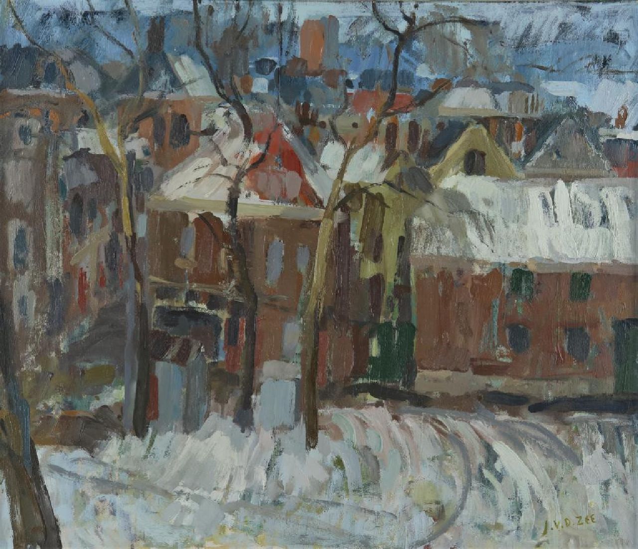Zee J. van der | Jan van der Zee | Gemälde zum Verkauf angeboten | Stadbild des schneebedeckten Groningen, Öl auf Leinwand 59,8 x 70,1 cm, Unterzeichnet u.r.