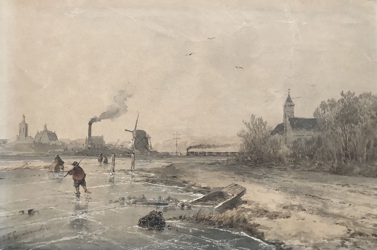 Hoppenbrouwers J.F. | Johannes Franciscus Hoppenbrouwers | Aquarelle und Zeichnungen zum Verkauf angeboten | Winterlandschaft mit Eisenbahnlinie in der Nähe von Den Haag, Pinsel und Tinte auf Papier 18,8 x 27,9 cm, Unterzeichnet u.l. und datiert '49 Hoppenbrouwers J.F. | Johannes Franciscus Hoppenbrouwers | Aquarelle und Zeichnungen zum Verkauf angeboten | Winterlandschaft mit Eisenbahnlinie in der Nähe von Den Haag, Pinsel und Tinte auf Papier 18,8 x 27,9 cm, Unterzeichnet u.l. und datiert '49
