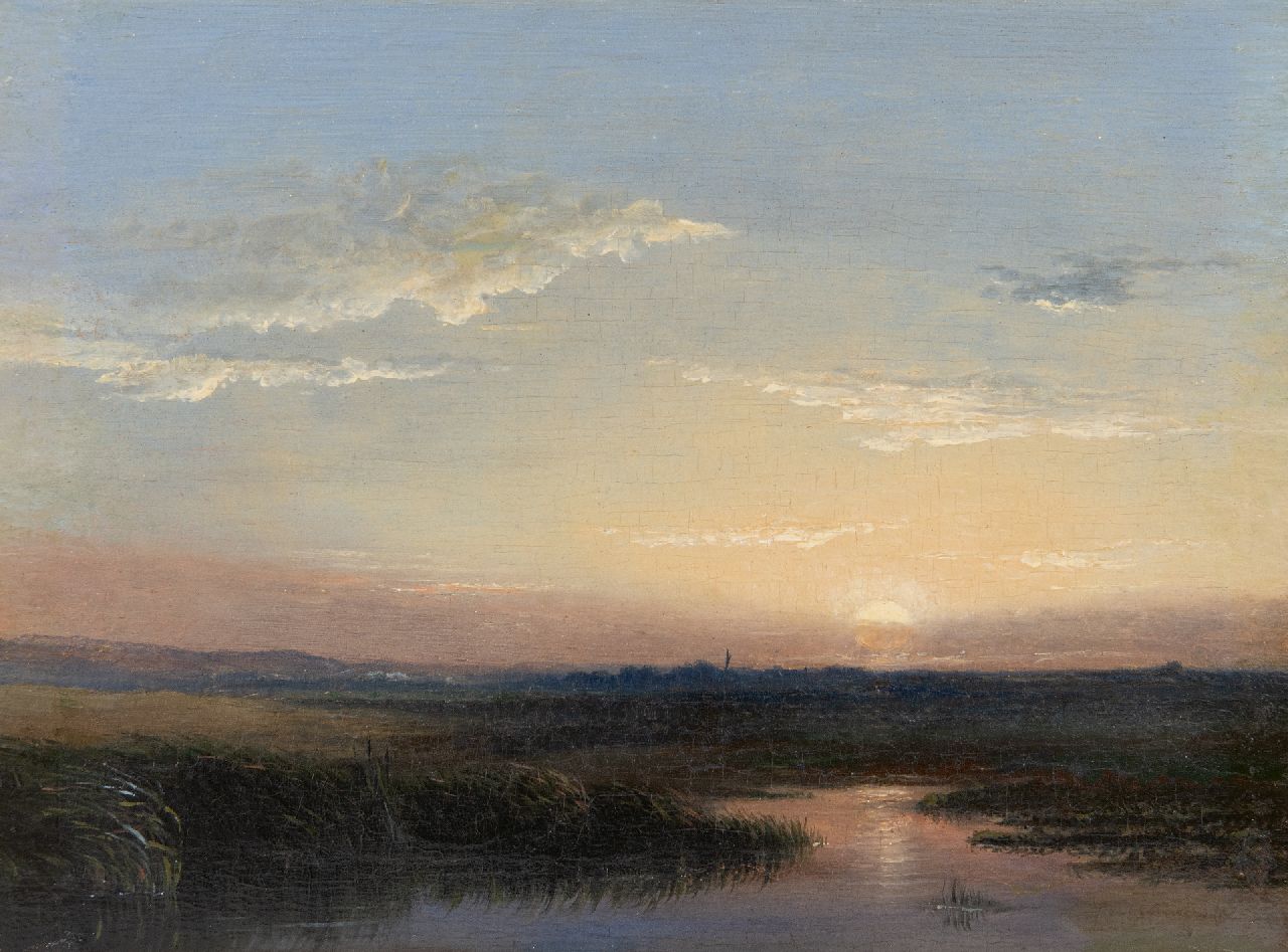 Hoppenbrouwers J.F.  | Johannes Franciscus Hoppenbrouwers | Gemälde zum Verkauf angeboten | Sonnenuntergang, Öl auf Holz 18,2 x 24,1 cm, Unterzeichnet u.r.