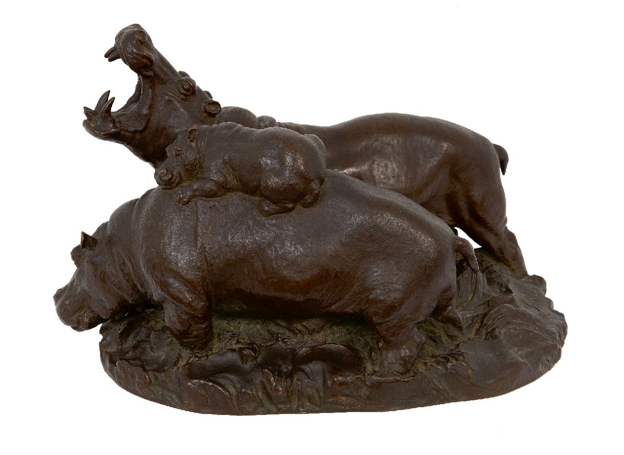 Jarl O.  | Otto Jarl | Skulpturen und Objekte zum Verkauf angeboten | Flusspferdfamilie, Bronze 18,0 x 31,0 cm, Unterzeichnet auf der Basis