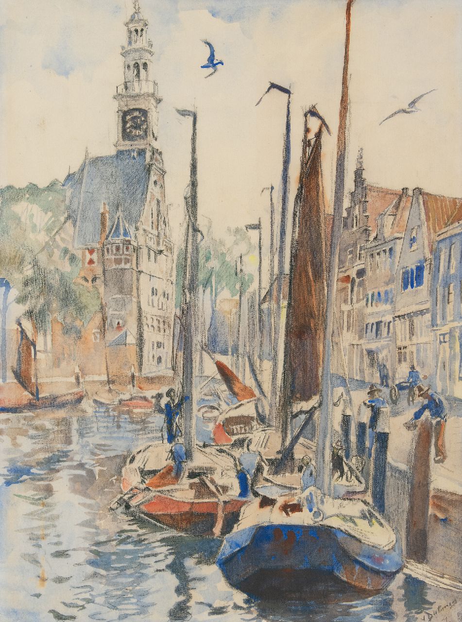 Dülmen Krumpelmann E.B. von | Erasmus Bernhard von Dülmen Krumpelmann | Aquarelle und Zeichnungen zum Verkauf angeboten | Der Hafen von Hoorn, Schwarze Kreide und Aquarell auf Papier 75,8 x 57,0 cm, Unterzeichnet u.r.