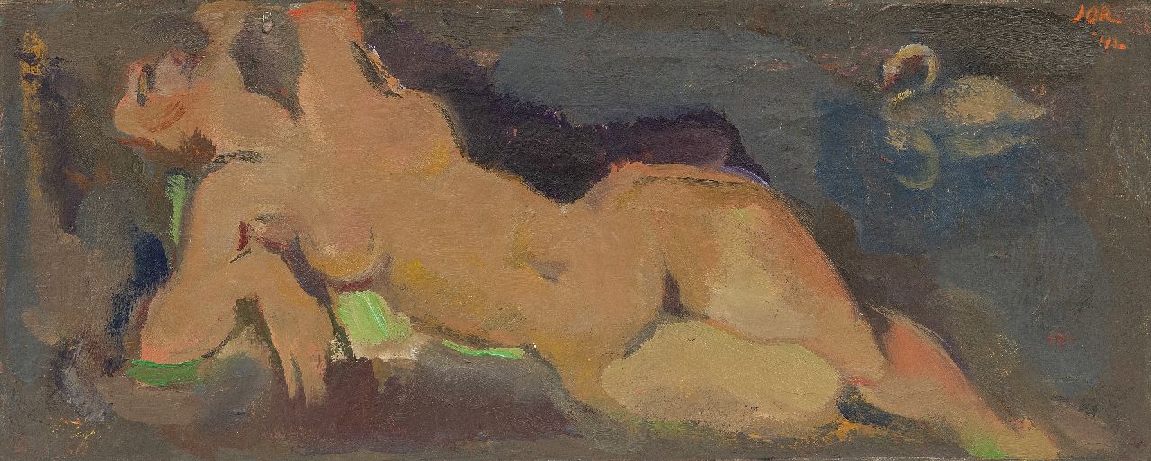 Jordens J.G.  | 'Jan' Gerrit Jordens | Gemälde zum Verkauf angeboten | Ruhender weiblicher Akt (Leda und der Schwan), Öl auf Leinwand 20,9 x 50,6 cm, Unterzeichnet o.r. und datiert '42