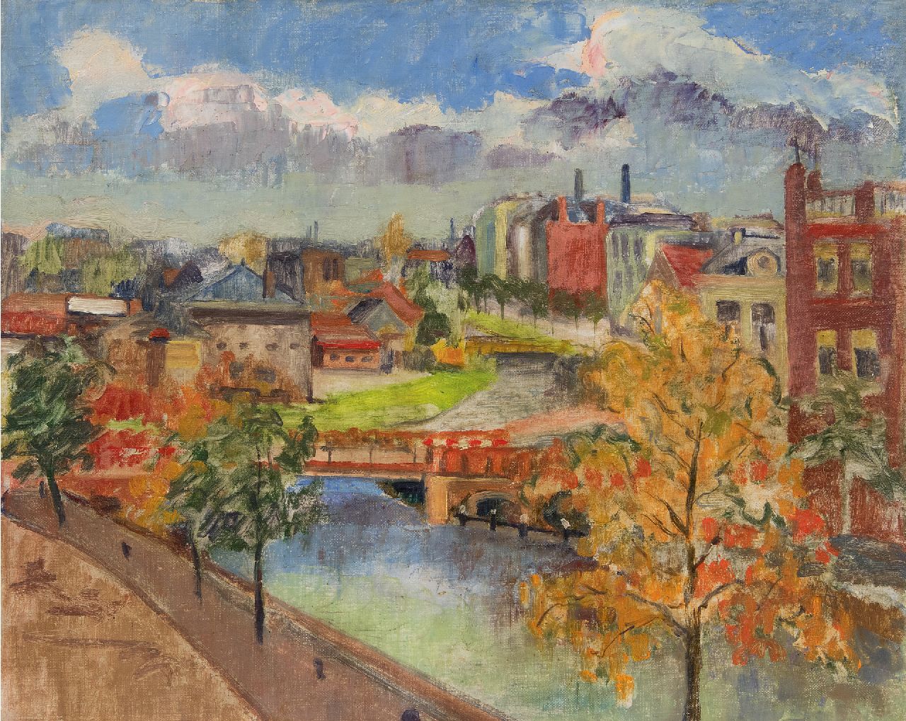 Berg S.R. van den | Sybren Ridsert 'Siep' van den Berg | Gemälde zum Verkauf angeboten | Die Eendrachtskade und die Klappbrücke, Groningen, Öl auf Leinwand  auf Holzfaser 40,0 x 49,9 cm, Unterzeichnet im Verso