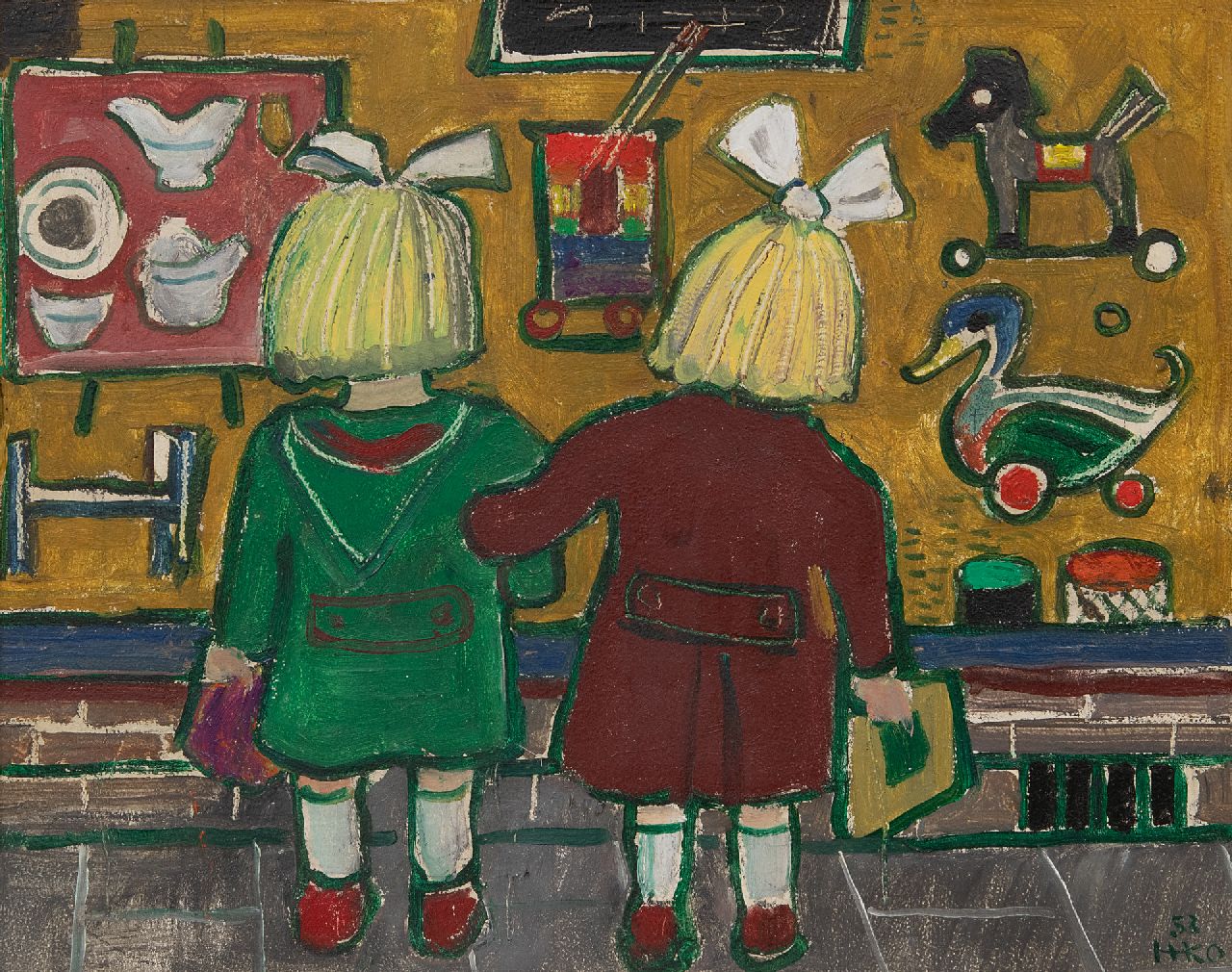 Kamerlingh Onnes H.H.  | 'Harm' Henrick Kamerlingh Onnes, Kinder vor einem Spielzeugschaufenster, Öl auf Holzfaser 23,7 x 29,7 cm, Unterzeichnet u.r. mit Monogramm und datiert '53