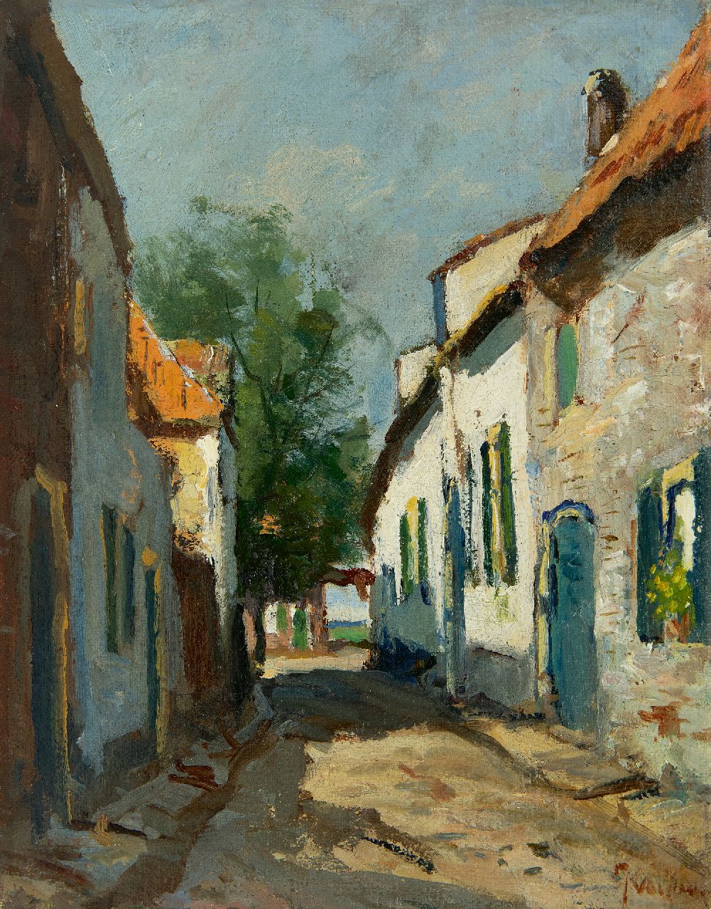 Vuuren J. van | Jan van Vuuren, Dorfstrasse, Öl auf Leinwand 25,5 x 20,1 cm, Unterzeichnet u.r.